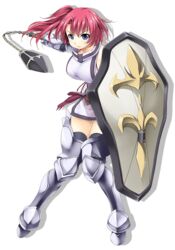  armored_boots atelier-moo bare_shoulders blue_eyes boots breasts closed_mouth curtained_hair detached_sleeves female flail hair_between_eyes holding holding_flail holding_shield holding_weapon large_breasts long_hair pigeon-toed red_hair shield side_ponytail sideboob skirt spica_celest standing thighs transparent_background weapon wizards_symphony zettai_ryouiki 