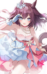  animal_ears armpits blush breasts dress female gloves hair_between_eyes hair_ornament hanamura_pink highres horse_ears horse_girl horse_tail jewelry looking_at_viewer medium_breasts medium_hair necklace official_alternate_costume ribbon sakura_chiyono_o_(fleur_enneigee)_(umamusume) sakura_chiyono_o_(umamusume) sleeveless solo tail umamusume wedding_dress white_background 