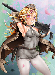  absurdres armpits asanagi_(style) ass blonde_hair blush breasts brown_jacket browning_m1919 female full_body girls&#039;_frontline gun hair_ornament hairclip hat highres holding holding_gun holding_weapon huge_ass jacket light_machine_gun long_hair looking_at_viewer m1919a4_(girls&#039;_frontline) machine_gun open_clothes open_jacket open_mouth pantyhose presenting_armpit red_eyes smile solo succuboi thighs weapon wide_hips 