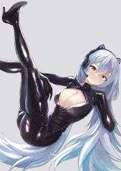  animal_ear_headphones animal_ears arkhangelsk_(azur_lane) arkhangelsk_(grandiose_getaway)_(azur_lane) azur_lane blue_hair bodysuit breasts cat_ear_headphones cleavage_cutout clothing_cutout fake_animal_ears female grey_background headphones high_heels highres large_breasts latex latex_bodysuit licking_lips long_hair mg42cat-k1ng official_alternate_costume simple_background skindentation solo tongue tongue_out very_long_hair yellow_eyes 