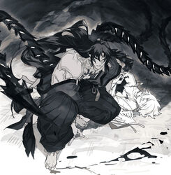  2boys anklet asura_(onmyoji) bare_pectorals bare_shoulders barefoot blood blood_on_clothes chest_tattoo chinese_commentary clenched_teeth closed_mouth commentary_request dark-skinned_male dark_skin earrings facial_mark fingernails flame_tattoo forehead_mark full_body greyscale hakama hakama_pants hands_on_ground haori highres hoop_earrings injury japanese_clothes jewelry jionghai kimono long_hair long_sleeves looking_at_viewer lying male_focus monochrome multiple_boys on_side onmyoji pants pectorals pointy_ears protecting short_hair squatting taishakuten_(onmyoji) tassel tattoo teeth tentacle toes toned toned_male v-shaped_eyebrows very_long_hair wide_sleeves yaoi 