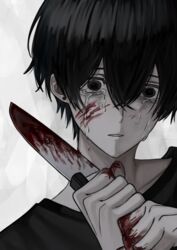  1boy absurdres akanei6no_sora black_eyes black_hair black_shirt blood blood_on_face blood_on_hands blood_on_knife crying crying_with_eyes_open earrings empty_eyes grey_background guro hair_between_eyes highres holding holding_knife jewelry kitchen_knife knife looking_ahead male_focus original pale_skin parted_lips portrait shirt short_hair solo stud_earrings tearing_up tears white_background 