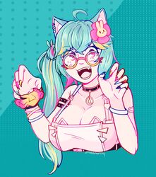  ahoge animal_ears aqua_background aqua_hair aqua_nails artist_name atlas_anarchy_(artist) black_nails breasts cat_ears choker claw_pose closed_mouth cropped_torso female fingernails flower hair_flower hair_ornament highres large_breasts multicolored_hair open_mouth pink_eyes pink_flower pink_nails rosedoodle_(vtuber) round_eyewear scrunchie sharp_fingernails side_ponytail smile solo strap_gap streaked_hair triangle_mouth vchiban wrist_scrunchie yellow_nails 