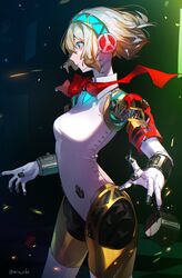  absurdres aegis_(persona) android blonde_hair blue_eyes breasts cowboy_shot female finger_cannon glowing hairband headphones highres joints leotard mechanical_arms mia_cbx persona persona_3 persona_3_reload robot_ears robot_joints short_hair small_breasts solo twitter_username white_leotard 