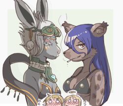  2024 anagurautubo angel anthro blonde_hair blue_hair blush breasts brown_body brown_ears brown_fur clothed clothing crimvael_(interspecies_reviewers) crossover duo_focus ear_tuft ears_up elza_(interspecies_reviewers) female fur fur_tuft grey_body group gtf_crossgender gynomorph gynomorph_(lore) hair halo hi_res humanoid_pointy_ears hyena inner_ear_fluff intersex interspecies_reviewers itf_crossgender link looking_at_viewer mammal markings mineru nintendo rule_63 smoking spots spotted_body spotted_fur tears_of_the_kingdom the_legend_of_zelda topwear tuft zonai 