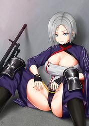  breasts cameltoe cleavage expressionless female fingerless_gloves girls&#039;_frontline gloves grey_eyes grey_hair gun h&amp;k_mg5 highres kamui_aya knee_pads large_breasts looking_at_viewer machine_gun mg5_(girls&#039;_frontline) pink_nails short_hair simple_background sitting solo spread_legs weapon 