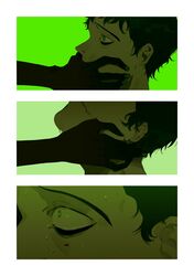  1boy aged_down bags_under_eyes black_hair blood commentary covering_another&#039;s_mouth crying english_commentary eunseo_(killing_stalking) female green_eyes green_nails green_theme hand_on_another&#039;s_face highres killing_stalking male_focus mother_and_son naruysae nosebleed oh_sangwoo out_of_frame scared short_hair tears 