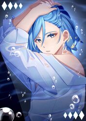  1boy arms_up blue_eyes blue_hair blush bubble commentary_request earrings eyelashes grusha_(pokemon) hair_between_eyes highres jewelry lipstick_mark looking_at_viewer male_focus mocacoffee_1001 off_shoulder parted_lips pokemon pokemon_sv shirt sleeves_rolled_up solo 