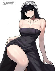  artist_logo bare_shoulders black_dress black_eyes black_hair black_nails breasts cleavage closed_mouth collarbone commentary covered_navel donburi_(donburikazoku) dress fanbox_username female highres large_breasts looking_at_viewer nail_polish osaragi_(sakamoto_days) patreon_username sakamoto_days simple_background solo strapless strapless_dress thighs web_address white_veil 