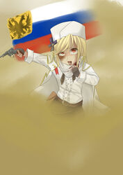  absurdres bandana belt blonde_hair blood blood_from_mouth blood_on_face blood_on_rags cape female fingerless_gloves flag frills gas girls&#039;_frontline gloves gun hair_ornament handgun hat highres historical_event holding holding_weapon imperial_russian_flag injury nagant_m1895 nagant_revolver_(girls&#039;_frontline) pepsi2330 red_eyes revolver weapon white_hat world_war_i 