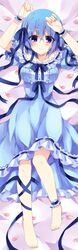  absurdres alternate_costume barefoot bed_sheet blue_dress blue_ribbon bluestar_iz breasts claire_elford collarbone dakimakura_(medium) dress female frilled_dress frilled_wrist_cuffs frills full_body hair_between_eyes hair_ribbon hands_up highres large_breasts leg_ribbon light_blush looking_at_viewer official_art petals pink_petals ribbon short_hair smile solo thigh_ribbon witch&#039;s_heart wrist_cuffs 