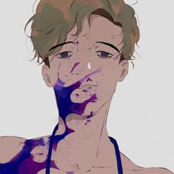  1boy bags_under_eyes black_eyes blood blood_on_face blood_splatter brown_hair collarbone grey_background killing_stalking looking_at_viewer male_focus messy_hair naruysae oh_sangwoo parted_lips purple_blood short_hair solo undercut upper_body 