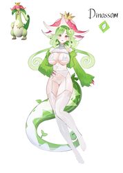  absurdres bare_shoulders bra breasts character_name cleavage creature_and_personification cropped_jacket curly_hair dinosaur_tail dinossom female flower_hat full_body garter_belt garter_straps green_hair green_jacket highleg highleg_panties highres jacket large_breasts long_hair long_pointy_ears long_sleeves micro_bra open_clothes open_jacket open_mouth palworld panties personification pink_nails pointy_ears red_eyes reference_inset reiko_lape simple_background sleeves_past_wrists solo tail thighhighs thighs underboob underwear very_long_fingernails white_background white_bra white_panties white_thighhighs 