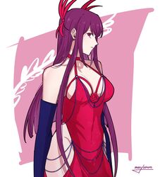  adapted_costume bare_shoulders breasts chains cleavage dress elbow_gloves evening_gown female fire_emblem fire_emblem_engage flower gloves highres hip_vent ivy_(fire_emblem) jewelry large_breasts long_hair looking_at_viewer low_neckline meme_attire merylemons modakawa_dress mole mole_under_mouth purple_eyes purple_hair red_dress rose solo tight_clothes tight_dress very_long_hair 