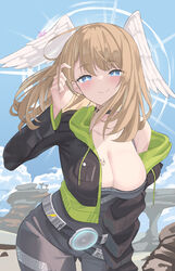  ass_visible_through_thighs black_bodysuit blonde_hair blue_pupils bodysuit breast_tattoo breasts cleavage commentary english_commentary eunie_(xenoblade) female green_hoodie head_wings highres hood hoodie jacket large_breasts leather leather_jacket looking_at_viewer redrawn revvie smile tattoo white_wings wings xenoblade_chronicles_(series) xenoblade_chronicles_3 