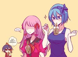  ... 1boy 2girls ahoge biyo blue_bow blue_eyes blue_hair blue_hairband blue_shirt bow bowtie braid breast_envy breasts bubble_tea bubble_tea_challenge chibi chibi_inset claire_elford closed_mouth dark_blue_hair dress drinking drinking_straw drinking_straw_in_mouth dyed_ahoge english_text flat_chest frilled_gloves frills gloves hairband hairbow hood hood_down hoodie large_breasts long_hair mob_face multicolored_hair multiple_girls no_eyes pink_dress pink_gloves pink_ribbon puffy_short_sleeves puffy_sleeves red_bow red_bowtie red_hair red_hoodie red_ribbon ribbon shaded_face shirt short_hair short_sleeves simple_background single_hair_tube sleeveless sleeveless_shirt sparkle speech_bubble spoken_ellipsis streaked_hair sweatdrop thought_bubble twin_braids wilardo_adler witch&#039;s_heart yellow_background zizel_(witch&#039;s_heart) 