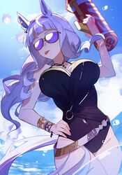  animal_ears black_one-piece_swimsuit blue_sky blunt_bangs breasts cloud cloudy_sky female gold_ship_(run_revolt_launcher)_(umamusume) gold_ship_(umamusume) grey_hair hand_on_own_hip highres holding holding_water_gun horse_ears horse_girl horse_tail jenshenya jewelry large_breasts long_hair necktie official_alternate_costume one-piece_swimsuit purple_eyes purple_hair sky solo sunglasses swimsuit tail tongue tongue_out umamusume water water_gun 