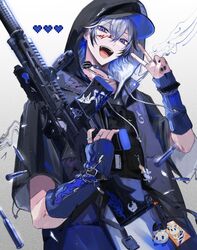  1boy absurdres bishounen black_hair black_nails blood blood_on_clothes blood_on_face blue_arm_warmers blue_eyes blue_hair bullet grey_hair gun hat_under_hood heart highres holding holding_gun holding_weapon hood hood_up hooded_jacket jacket jewelry kushiro_kuki looking_at_viewer male_focus multicolored_hair multiple_rings open_mouth original pixel_heart ring short_hair solo teeth two-tone_hair upper_body v weapon white_background 