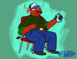  anthro beld bending_chair black_boots black_clothing black_footwear blue_bottomwear blue_clothing blue_hat blue_headwear blue_jeans blue_pants boots bottomwear bovid bovine brown_body brown_fur cattle chair checked_shirt clothed clothing denim denim_bottomwear denim_clothing detailed_background facial_hair footwear foxmanad fully_clothed fur furniture green_background green_button-down_shirt hat headgear headwear horn jeans male mammal moustache overweight overweight_male pants signature simple_background sitting smile solo white_clothing white_hat white_headwear 