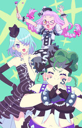  &gt;_o 3girls :d \m/ arms_up bare_shoulders beret black_dress black_gloves black_shirt blue_hair bow bracelet braid breasts closed_eyes closed_mouth dress earrings elbow_gloves facial_mark facing_viewer fat glasses gloves green_background green_hair hair_over_one_eye hairbow hand_on_own_hip hand_up hat highres hojo_cosmo holding holding_paintbrush idol_clothes jewelry kiki_ajimi ku_(residual666) large_breasts long_hair looking_at_viewer multiple_girls nabeshima_chanko navel necklace ok_sign one_eye_closed open_mouth own_hands_together paintbrush pink-framed_eyewear pink_hair polka_dot polka_dot_bow pretty_series pripara purple_eyes shirt short_hair smile sparkle spiked_bracelet spikes standing twin_braids v-shaped_eyebrows wrist_cuffs 