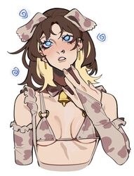  @_@ animal_ears animal_print artist_self-insert bell bikini blonde_hair blue_eyes blush breasts bridal_gauntlets brown_hair clenched_teeth colored_inner_hair cow_ears cow_print cow_print_bikini cow_print_gloves cowbell detached_collar ear_piercing earrings elbow_gloves fake_animal_ears female fingernails gloves hand_up highres hoop_earrings hypnosis jewelry martini_(porqueloin) medium_hair micro_bikini mind_control mole mole_under_eye multicolored_hair neck_bell nose_piercing nose_ring parted_lips piercing porqueloin print_bikini print_bridal_gauntlets print_gloves real_life real_life_insert small_breasts solo swimsuit teeth two-tone_hair upper_body 