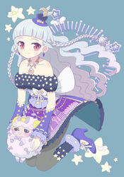  animal bare_shoulders blunt_bangs boots braid clock closed_mouth detached_sleeves diamond-shaped_pupils diamond_(shape) diamond_earrings dress earrings female full_body fur-trimmed_boots fur-trimmed_dress fur_trim grey_hair grey_pantyhose high_heel_boots high_heels holding holding_animal idol_clothes idol_time_pripara jewelry kneeling koda_michiru ku_(residual666) long_hair looking_at_viewer miichiru_(pripara) necklace pantyhose pitsuji pretty_series print_dress pripara purple_dress purple_footwear red_eyes sheep smile solo star_(symbol) symbol-shaped_pupils twin_braids very_long_hair wavy_hair 