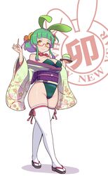  alternate_costume alternate_hairstyle animal_ears bespectacled blunt_bangs blush bow bowtie breasts chinese_zodiac cleavage closed_mouth fake_animal_ears female full_body furisode glasses green_kimono green_leotard hair_bun hair_ornament happy_new_year highleg highleg_leotard highres holding holding_tray japanese_clothes kanzashi kimono kimutomo_2 large_breasts leotard looking_at_viewer playboy_bunny rabbit_ears red_bow red_bowtie sandals short_kimono sidelocks simple_background single_hair_bun smile solo standing strapless strapless_leotard thighhighs thighs toothpick touhoku_zunko tray voiceroid w_arms wa_bunny walking white_background white_thighhighs wide_hips wide_sleeves year_of_the_rabbit zouri zunda_mochi 