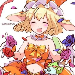  alonemistrist animal_ears annelie_(dragalia_lost) bare_shoulders blonde_hair closed_eyes crop_top dragalia_lost facial_mark facing_viewer female flower gloves midriff navel open_mouth petals rabbit_ears short_hair solo upper_body white_background white_gloves 