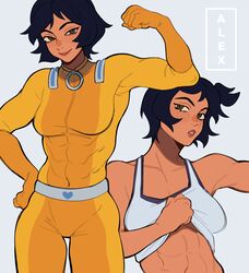  abs absurdres alex_(totally_spies) bare_arms belt biceps black_hair bodysuit breasts brown_eyes catsuit character_name clenched_hand closed_mouth clothes_lift covered_abs covered_navel dark-skinned_female dark_skin female flexing freckles hand_on_own_hip heart highres multiple_views muscular muscular_female parted_lips porqueloin shirt shirt_lift short_hair sideways_glance simple_background sleeveless sleeveless_shirt smile tank_top teeth totally_spies white_background white_belt white_shirt yellow_bodysuit zipper 