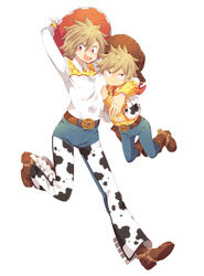  1boy :o aged_down animal_print arm_up bad_id bad_pixiv_id bakugou_katsuki bakugou_mitsuki belt belt_buckle blonde_hair boku_no_hero_academia brown_eyes brown_footwear brown_hat buckle commentary_request cosplay cow_print cowboy cowboy_hat cowgirl_(western) denim female frown hat highres holding jeans jessie_the_yodeling_cowgirl jessie_the_yodeling_cowgirl_(cosplay) looking_at_viewer mother_and_son pants sheriff_woody sheriff_woody_(cosplay) simple_background spiked_hair spurs toy_story uppi vest white_background 