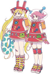  2girls arms_at_sides azuma_kiyohiko bandaid bandaid_on_knee bandaid_on_leg blue_eyes boots expressionless full_body gloves innertube knee_brace long_hair multiple_girls official_art photoshop_(medium) pink_gloves pink_hair red_eyes reset_(wonder_festival) robot_costume shoes short_hair simple_background sneakers swim_ring wanda_(wonder_festival) white_background wonder_festival wonder_festival_mascots 