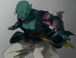  1boy abs alien antennae bald belt colored_skin commentary_request dragon_ball dragon_ball_super green_skin grey_background male_focus nail_polish open_clothes open_shirt pointy_ears saonel solo teeth yoruume 