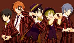  5boys :d :p ;) akiyama_hayato bad_id bad_pixiv_id black_necktie brown_eyes doughnut food formal fuyumi_jun glasses green_eyes green_hair heart heart_hands high_x_joker_(idolmaster) idolmaster idolmaster_side-m iseya_shiki looking_at_viewer male_focus map_(map_imas) multiple_boys necktie one_eye_closed open_mouth orange_hair pink_eyes pinstripe_pattern pinstripe_suit sakaki_natsuki sleeves_pushed_up smile striped suit sweatband tongue tongue_out trilby waistcoat wakazato_haruna yellow-framed_eyewear yellow_theme 