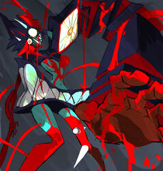  bad_id bad_pixiv_id berserk_ryuuko blood colored_skin fangs female fusion green_skin horns kill_la_kill living_clothes matoi_ryuuko monster o-nashi_neko senketsu sharp_teeth spoilers teeth 