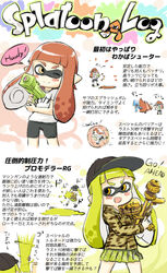  2girls :d ;) aerospray_(splatoon) blush brown_hair bubbler_(splatoon) camouflage commentary_request copyright_name engiyoshi english_text engrish_text green_hair highres inkling inkling_girl inkling_player_character inkstrike_(splatoon) long_hair multiple_girls one_eye_closed open_mouth photoshop_(medium) pleated_skirt pointy_ears ranguage skirt smile splat_bomb_(splatoon) splatoon_(series) splatoon_1 splattershot_jr_(splatoon) squid super_soaker tentacle_hair translation_request v-shaped_eyebrows yellow_eyes 