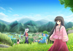  5girls animal_ears black_eyes black_hair blue_hair blue_sky boots braid cloud commentary_request day dress floral_print flower grass grey_hair hair_bobbles hair_ornament hair_ribbon hat hime_cut houraisan_kaguya inaba_tewi juliet_sleeves kawashiro_nitori long_hair long_sleeves looking_at_viewer morioka_itari mountain multiple_girls nurse_cap outdoors pink_dress pink_hair puffy_sleeves rabbit_ears reisen_udongein_inaba revision ribbon rice_paddy rubber_boots shirt short_sleeves sitting skirt sky standing touhou town tree two_side_up valley very_long_hair wide_sleeves yagokoro_eirin 