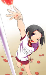  1boy bad_id bad_pixiv_id bean_bag black_hair character_name clenched_hand from_above gym_uniform idolmaster idolmaster_side-m male_focus okamura_nao one_eye_closed purple_eyes rice_(rice8p) solo sports_festival throwing 