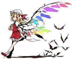  bat_(animal) blonde_hair commentary_request dress female flandre_scarlet full_body hat hat_ribbon looking_at_viewer mob_cap necktie ominous_shadow puffy_short_sleeves puffy_sleeves red_dress red_eyes ribbon shadow shirt short_sleeves side_ponytail smile solo touhou toutenkou wings wrist_cuffs 