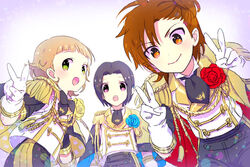  3boys :&gt; :d aiguillette alternate_costume bad_id bad_pixiv_id black_hair blonde_hair blue_flower blue_rose blunt_bangs bow bowtie brown_eyes brown_hair capelet double_v epaulettes flower green_eyes himeno_kanon idolmaster idolmaster_side-m male_focus mofumofuen_(idolmaster) multiple_boys okamura_nao open_mouth purple_eyes red_flower red_rose rice_(rice8p) rose smile super_live_fes_(idolmaster) tachibana_shiro_(idolmaster) v yellow_flower yellow_rose 