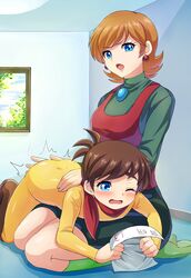  ass bangs blue_eyes blush bodysuit brown_hair chargeman_ken! earrings female indoors izumi_ken izumi_saori mother_and_son one_eye_closed open_mouth orange_hair seiza short_hair socks spanked spanking turtleneck 