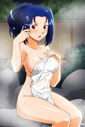  adjusting_hair asahina_natsuki blue_hair blush breasts covered_nipples covering_privates female hairband high_ponytail large_breasts long_hair looking_at_viewer mole mole_under_mouth nude_cover official_art onsen open_mouth outdoors red_eyes rock sitting sitting_on_rock solo steam super_real_mahjong tanaka_ryou towel wet wet_hair wet_towel 