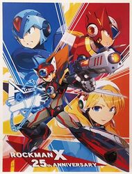  3boys alia alia_(rockman) android armor axl blonde_hair blue_eyes female headgear highres long_hair multiple_boys official_art orange_hair rockman rockman_x smile weapon x_(rockman) zero_(rockman) 