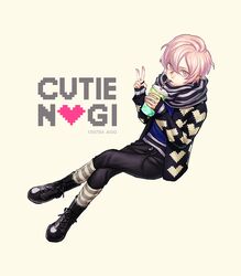  1boy agg_(yes_agg) artist_name boots character_name commentary_request crossed_legs dated drinking drinking_straw full_body grey_eyes jacket kneehighs long_sleeves male_focus mikado_nagi pink_hair scarf simple_background socks solo striped_clothes striped_socks uta_no_prince-sama v 