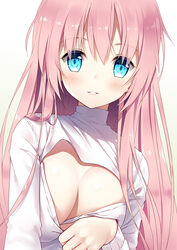  blue_eyes blush breasts cleavage cleavage_cutout clothing_cutout commentary_request female gradient_background green_background hair_between_eyes head_tilt long_hair long_sleeves looking_at_viewer medium_breasts meme_attire open-chest_sweater original parted_lips pink_hair pulling_own_clothes smile solo sweater very_long_hair white_background white_sweater xia_xiang_(ozicha) 