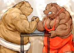  2016 anthro arm_wrestling asian_clothing barazoku bear bodily_fluids brown_bear clothing duo east_asian_clothing fundoshi grizzly_bear japanese_clothing kemono kotobuki male mammal muscular obese overweight simple_background standing steam sweat underwear ursine vein white_clothing white_underwear wrestling_singlet 