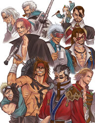  6+boys annotated arisue_kanako auron basch_fon_ronsenburg beard black_facial_hair black_hair blonde_hair brown_hair cane cape chest_tattoo choker cid_highwind cigar clothes_writing coat coffee_mug commentary_request crossover cup earrings eyepatch facial_hair final_fantasy final_fantasy_vii final_fantasy_x final_fantasy_xii food fruit fur_trim gerald_(radiata_stories) glasses gloves godot_(ace_attorney) goggles goggles_on_head grin gyakuten_saiban in-franchise_crossover jacket jacket_on_shoulders jecht jewelry jitte male_focus manly mr_orange mug multicolored_hair multiple_boys multiple_crossover necktie okami old old_man one-eyed one_piece open_clothes open_coat orange_(fruit) pendant phoenix_wright:_ace_attorney_-_trials_and_tribulations radiata_stories red_hair rogue_galaxy scar scar_across_eye scar_on_face shanks_(one_piece) shirt silvers_rayleigh smile smoker_(one_piece) smoking streaked_hair sunglasses sword tattoo topless_male visor weapon white_background white_hair zegram_ghart 