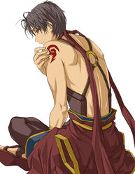  1boy back bad_id bad_pixiv_id black_hair brown_eyes ei_(fran3bon) frown full_body gensou_suikoden gensou_suikoden_i indian_style looking_back male_focus pants poripuropiren sandals shoulder_tattoo sitting solo tattoo tir_mcdohl true_rune white_background 