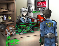  2boys :&lt; ahoge bat_wings bioshock_(series) bioshock_infinite black_hair bottle cameo choker commentary_request crossover enokuma_uuta fallout_(series) fallout_3 gameplay_mechanics glasses grey_hair heads-up_display indoors lone_wanderer long_sleeves looking_at_another male_focus menu morichika_rinnosuke multiple_boys multiple_crossover nuka_cola_quantum pip_boy rocket shelf shop sitting songbird_(bioshock_infinite) standing star_(symbol) stuffed_animal stuffed_toy teddy_bear touhou translated uniform vault_suit vending_machine wide_sleeves wings yellow_eyes 