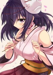  beige_background branch breasts choker closed_mouth collarbone commentary_request detached_sleeves eyebrows eyelashes eyes_visible_through_hair female fingernails flower fox_mask hair_ornament hair_over_one_eye hakama hakama_skirt highres holding holding_branch japanese_clothes konohana_enishi large_breasts long_fingernails long_hair looking_at_viewer mask mask_on_head nail_polish original petals pink_nails purple_eyes purple_hair red_hakama red_ribbon ribbon ribbon_trim sash sengoku_aky simple_background skirt smile solo upper_body wide_sleeves 