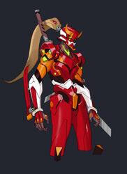  1boy armor arms_at_sides black_background bodysuit boxcutter brown_gloves commentary cosplay cowboy_shot cyborg english_commentary eva_02 eva_02_(cosplay) evangelion:_3.0_you_can_(not)_redo evangelion_(mecha) extra_eyes fusion genji_(overwatch) gloves glowing glowing_eyes green_eyes helmet high_ponytail highres interface_headset katana kelvin_chan legs_apart long_hair male_focus mask neon_genesis_evangelion overwatch overwatch_1 pauldrons photoshop_(medium) ponytail prog_knife rebuild_of_evangelion scabbard science_fiction sheath sheathed shoulder_armor simple_background souryuu_asuka_langley standing sword sword_on_back vambraces weapon weapon_on_back 